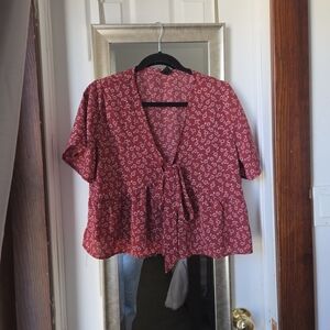 SHEIN Red Floral Tie-Front Peplum Blouse